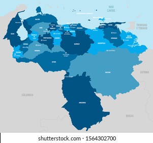 Venezuela country political map. Detailed vector illustration with divided provinces, regions,  departments, islands and capital cities.