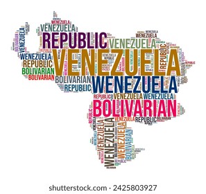 Das Land Venezuela formt die Wortwolke. Typografie Stil Land Illustration. Venezuela-Bild im Text-Cloud-Stil. Vektorgrafik.