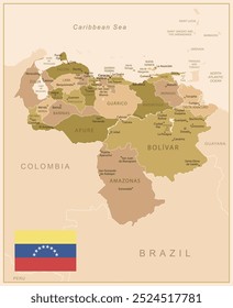 Venezuela - detailed map of the country in brown colors, divided into regions. Vector illustration