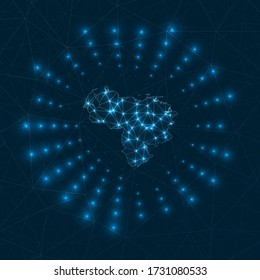 Venezuela digital map. Glowing rays radiating from the country. Network connections and telecommunication design. Vector illustration.