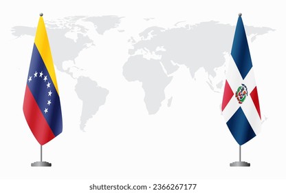 Venezuela and Dominican flags for official meeting against background of world map.