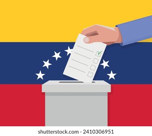 Venezuela election concept. Hand puts vote bulletin into vote box.