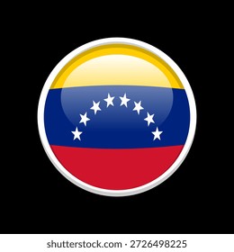 Venezuela Flag Button Symbol Vektorgrafik Glossy 3D Circular National Symbol mit gelb-blauen und roten Streifen mit Sternen einzeln auf schwarzem Hintergrund für patriotisches Webdesign