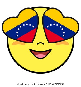 Venezuela flag button. Patriotic smile in hearts glasses. Emoji icon isolated on white background.