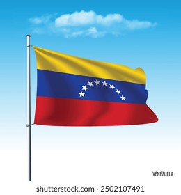 Venezuela flag flying on blue sky, vector illustation.