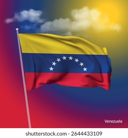 Venezuela flag flying on dark blue sky, vector illustation.