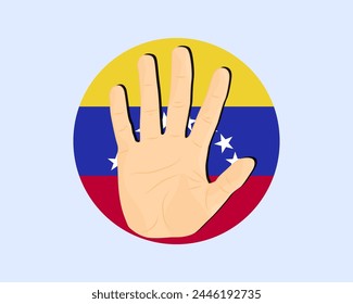 Venezuela-Fahne mit Handstopp-Schild, Protest- und Menschenrechtsidee, Vektorgrafik-Design, Protest in Venezuela, Einschränkung oder verbotenes Emblem, Verletzung der Meinungsfreiheit, Krieg beenden