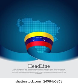 Venezuela flag, map background. State patriotic venezuelan banner, cover. Wavy ribbon color flag of venezuela on a blue white background. National poster. Business booklet. Vector, design template