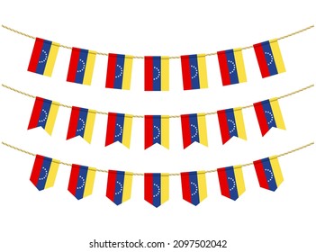Venezuela flag on the ropes on white background. Set of Patriotic bunting flags. Bunting decoration of Venezuela flag
