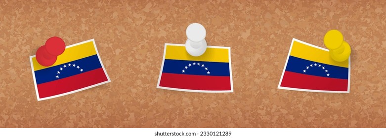 Venezuela flag pinned in cork board, three versions of Venezuela flag. Vector pushpins and flag set.