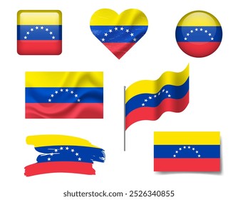 Venezuela flag set of icons. Vector flag of Venezuela, symbol. Set of Venezuela flags brush, button, waved, heart.