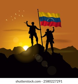 Venezuela flag, silhouette of two climbers holding flags at sunset