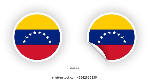 Venezuela flag sticker in a circular shape and a peeled circle shape on a white background. Circular icon of the Venezuela flag