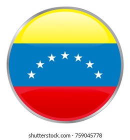 Venezuela flag vector icon. Isolated round glass glossy glow button with national flag of the Venezuela. National Flag with Official colors. Web design button. Sign for product origin. Made in symbol.