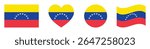Venezuela flags set in square, heart, circle and waving formats designs element. Venezuela flags collection. Set of Venezuelan flags icons isolated on white background. Vector illustration.