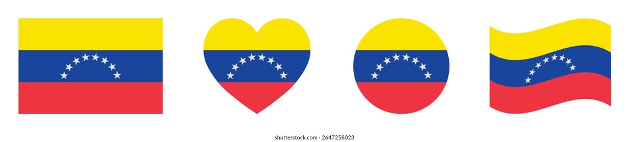 Venezuela flags set in square, heart, circle and waving formats designs element. Venezuela flags collection. Set of Venezuelan flags icons isolated on white background. Vector illustration.