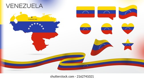 Venezuela Flaggen gesetzt. Verschiedene Designs. Karte und Hauptstadt. Weltflaggen. Vektorset. Circle Icon. Vorlage für den Unabhängigkeitstag. Sammlung nationaler Symbole. Band mit Farben der Flagge.
