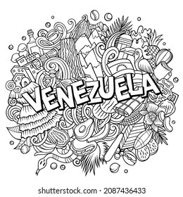 Dibujo a mano en caricatura ilustrando el doodle. Diseño local divertido. Fondo vectorial creativo. Texto manuscrito con elementos y objetos latinoamericanos.