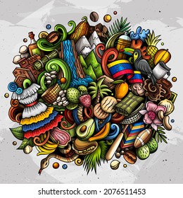 Venezuela hand drawn cartoon doodles illustration. Funny travel design. Creative vector background. Latin America country elements and objects.