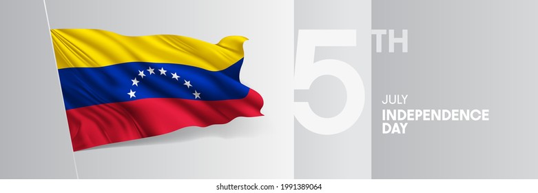 Venezuela happy independence day greeting card, banner vector illustration. Venezuelan national holiday 5th of July design element with 3D waving flag on flagpole