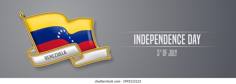 Venezuela happy independence day greeting card, banner vector illustration. Venezuelan national holiday 5th of July design element with 3D pin with flag