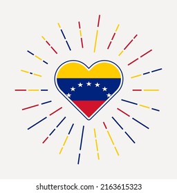 Venezuela heart with flag of the country. Sunburst around Venezuela heart sign. Vector illustration.