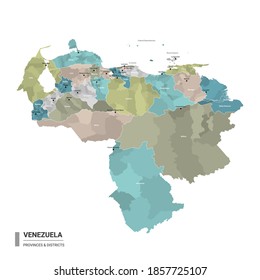 Venezuela higt detailed map with subdivisions. Administrative map of Venezuela with districts and cities name, colored by states and administrative districts. Vector illustration.