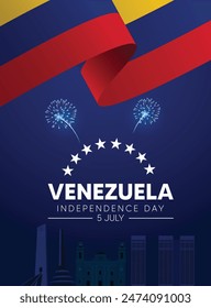 Venezuela Unabhängigkeitstag 5 Juli Flagge Band Feuerwerk am Himmel mit Stadtbild Vektorgrafik Poster 