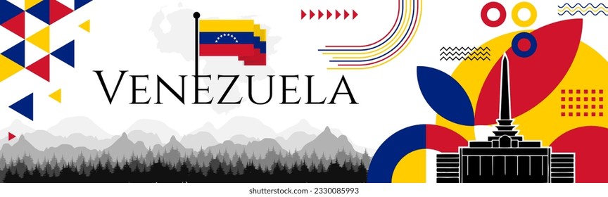 Venezuela independence day abstract banner design with flag and map. Flag color theme geometric pattern retro modern Illustration design. Blue flag color template.