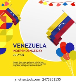 Venezuela Independence Day banner in modern geometric style. Square banner for website and social with typography. Background for national holiday celebration party. Happy Venezuela Independence Day