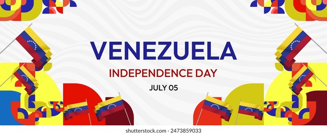 Venezuela Independence Day banner in modern geometric style. Wide banner with typography and also country flag. Background for national holiday celebration party. Happy Venezuela Independence Day