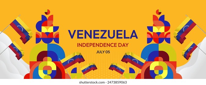 Venezuela Independence Day banner in modern geometric style. Wide banner with typography and also country flag. Background for national holiday celebration party. Happy Venezuela Independence Day