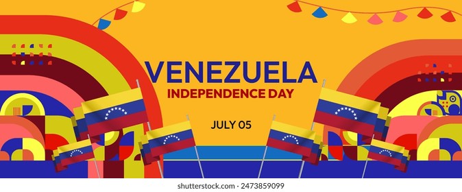 Venezuela Independence Day Banner im modernen geometrischen Stil. Großer Banner mit Typografie und auch Landesflagge. Hintergrund der Feier zum Nationalfeiertag. Einen schönen venezolanischen Unabhängigkeitstag