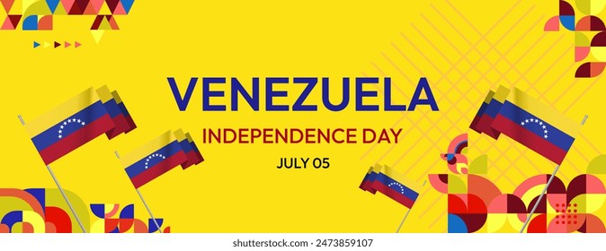 Venezuela Independence Day banner in modern geometric style. Wide banner with typography and also country flag. Background for national holiday celebration party. Happy Venezuela Independence Day