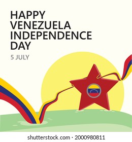 Venezuela independence day celebration vector illustration with a long and wavy flag and a red star with the national flag within.