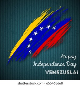 Venezuela Independence Day Patriotic Design. Expressive Brush Stroke in National Flag Colors on dark striped background. Happy Independence Day Venezuela Vector Greeting Card.