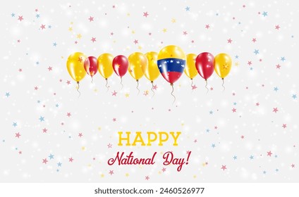 Venezuela Independence Day Sparkling Patriotic Poster. Row of Balloons in Colors of the Venezuelan Flag. Greeting Card with National Flags, Confetti and Stars.