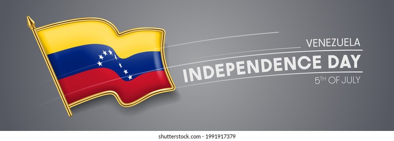 Venezuela independence day vector banner, greeting card. Venezuelan wavy flag in 5th of July patriotic holiday horizontal design with realistic badge