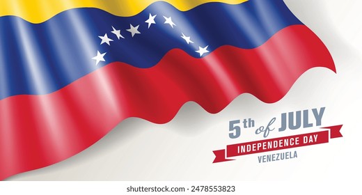 Venezuela independence day vector banner, greeting card. Venezuelan wavy flag in 5th of July national patriotic holiday horizontal design