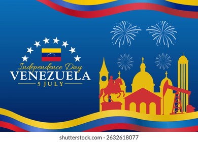 Venezuela Independence Day vector banner, greeting card. Venezuelan wavy flag in 5th of July patriotic holiday horizontal design with realistic flag, fireworks, and city skyline silhouette.