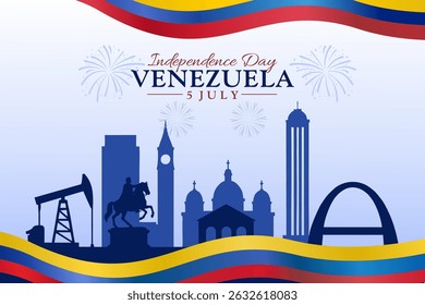 Venezuela Independence Day vector banner, greeting card. Venezuelan wavy flag in 5th of July patriotic holiday horizontal design with realistic flag, fireworks, and city skyline silhouette.