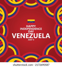 Plantilla vectorial del Día de la Independencia de Venezuela con banderas de cinta dentro del fondo rojo. Fiesta pública del país sudamericano que se celebra anualmente el 5 de julio.
