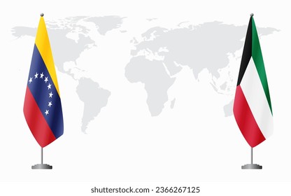 Venezuela and Kuwait flags for official meeting against background of world map.