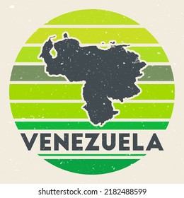 Venezuela logo. Sign with the map of the country and colored stripes, vector illustration. Can be used as insignia, logotype, label, sticker or badge of Venezuela.