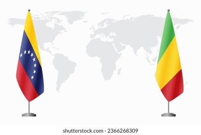 Venezuela and Mali flags for official meeting against background of world map.