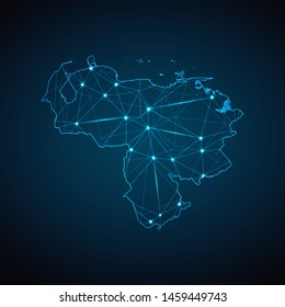 Venezuela Map - Abstract geometric mesh polygonal network line, structure and point scales on dark background with lights in the form of cities. Vector illustration eps 10.