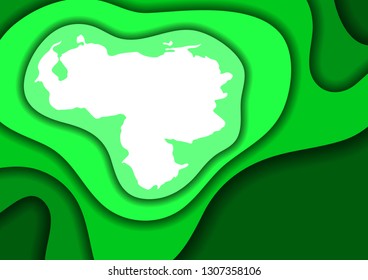 Venezuela map abstract schematic from green layers paper cut 3D waves and shadows one over the other. Layout for banner, poster, greeting card. Vector illustration.