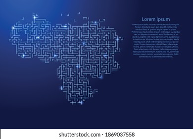Venezuela map from blue pattern of the maze grid and glowing space stars grid. Vector illustration.