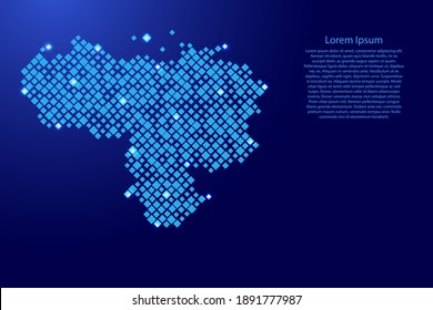 Mapa venezolano de rombos de patrón azul de diferentes tamaños y rejilla de estrellas espaciales brillantes. Ilustración vectorial.