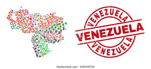 Venezuela map collage and Venezuela red round badge. Venezuela badge uses vector lines and arcs. Venezuela map collage includes helmets, houses, wrenches, suns, men, and more icons.